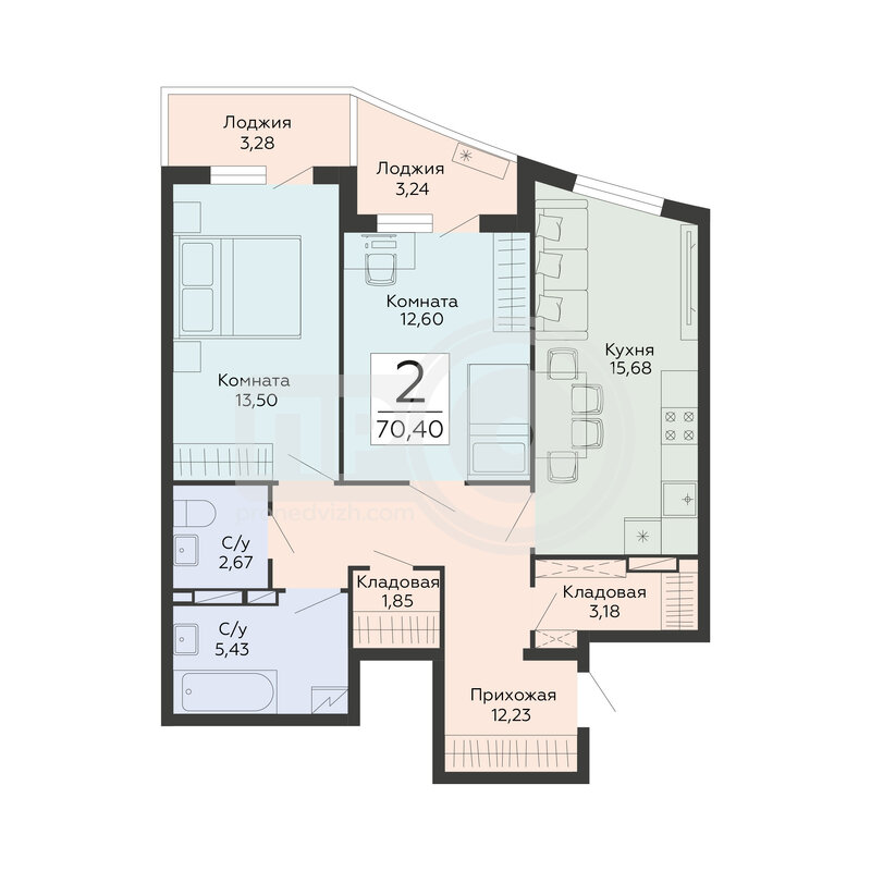 2-комнатная квартира, 70.4кв.м