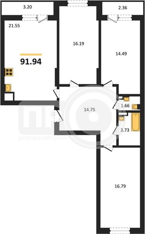 3-комнатная квартира, 91.94кв.м