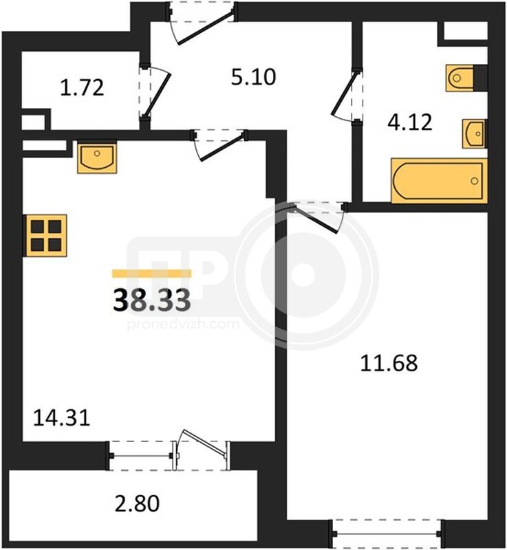 1-комнатная квартира, 38.33кв.м