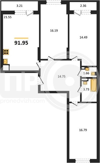 Миниатюра 3-комнатная квартира, 91.95кв.м