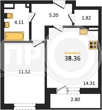 Миниатюра 1-комнатная квартира, 38.36кв.м