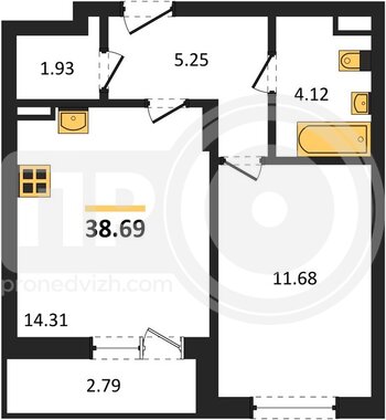 Миниатюра 1-комнатная квартира, 38.69кв.м