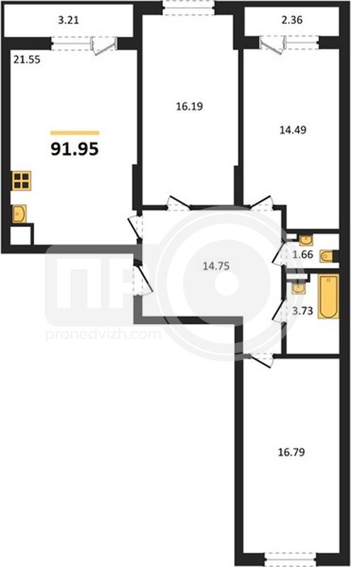 3-комнатная квартира, 91.95кв.м