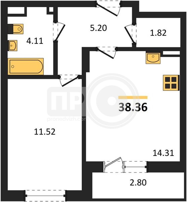 1-комнатная квартира, 38.36кв.м