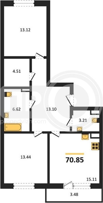 Миниатюра 2-комнатная квартира, 70.85кв.м