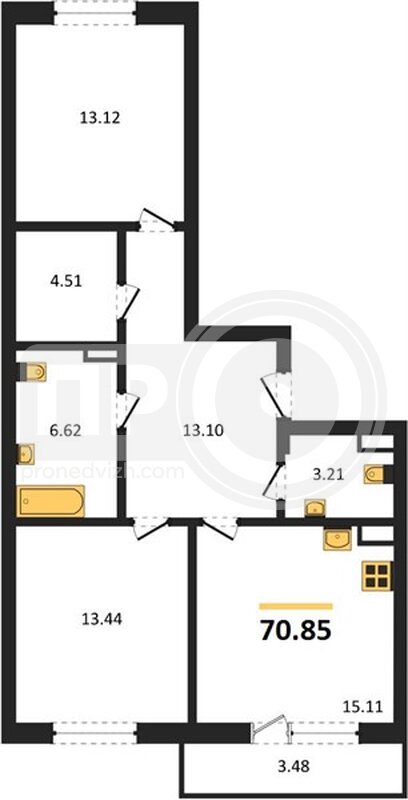2-комнатная квартира, 70.85кв.м