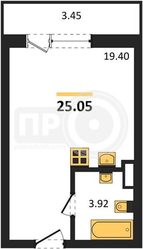 квартира-студия, 25,05кв.м.