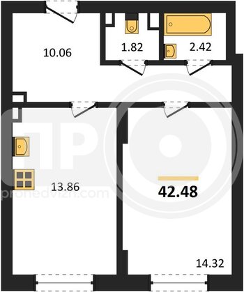 Миниатюра 1-комнатная квартира, 42.64кв.м