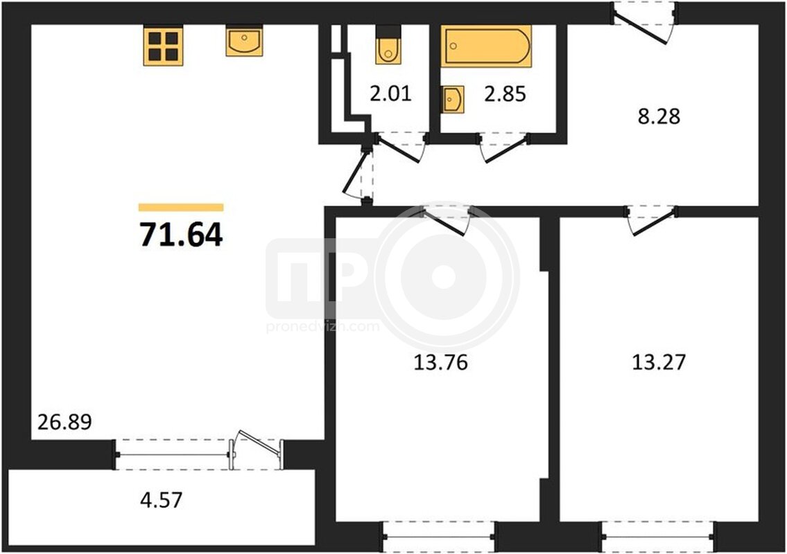 2-комнатная квартира, 71.6кв.м