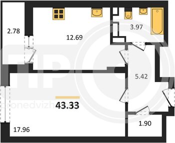 Миниатюра 1-комнатная квартира, 43.36кв.м