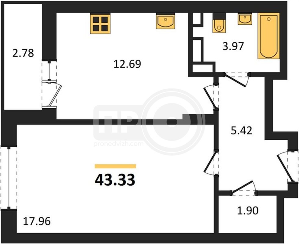 1-комнатная квартира, 43.36кв.м