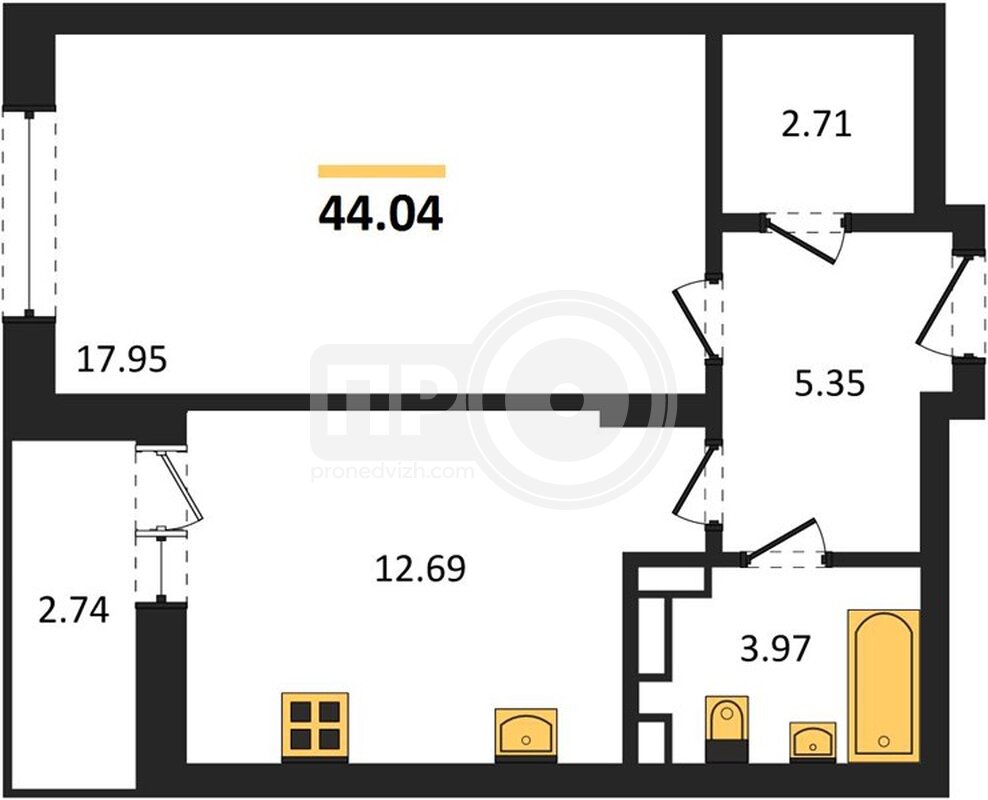 1-комнатная квартира, 44.04кв.м