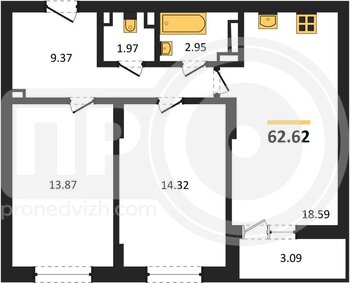 Миниатюра 2-комнатная квартира, 62.77кв.м