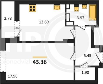 Миниатюра 1-комнатная квартира, 43.36кв.м