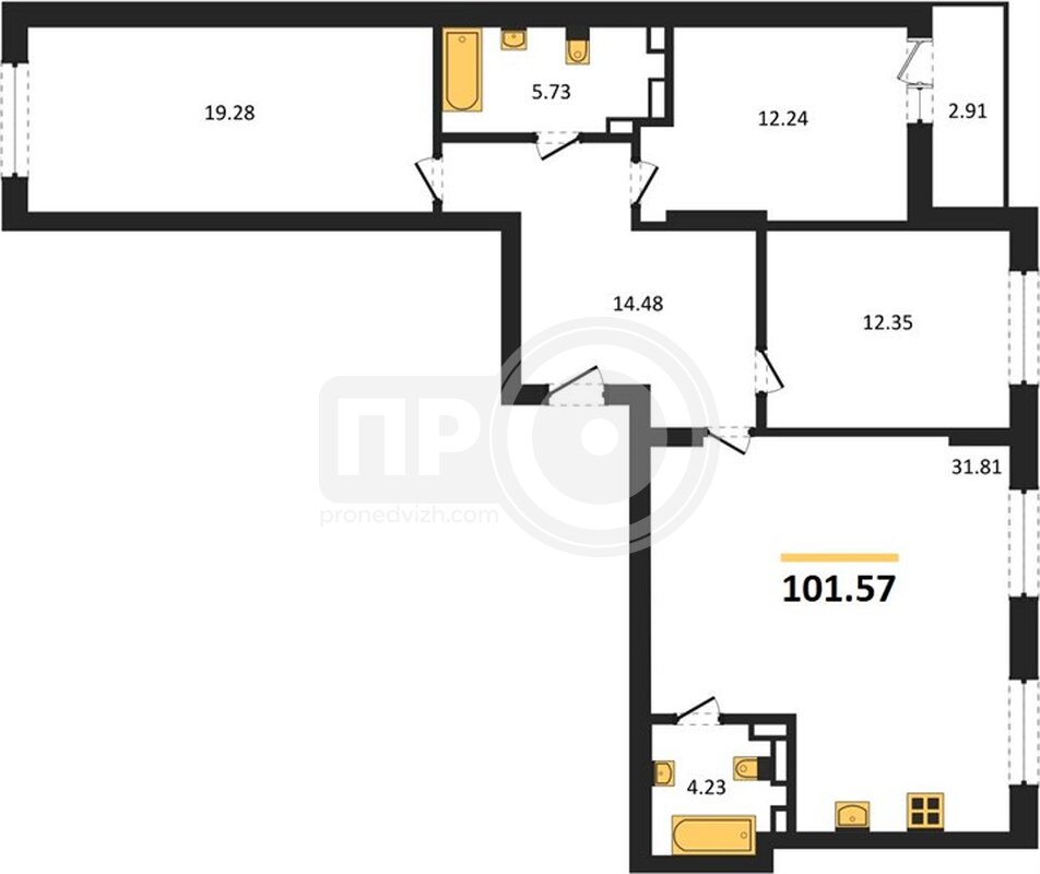 3-комнатная квартира, 101.57кв.м