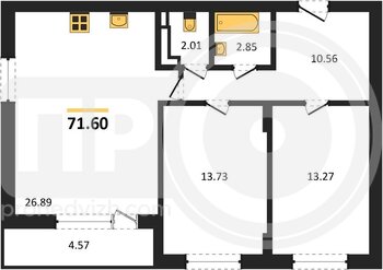 Миниатюра 2-комнатная квартира, 71.6кв.м