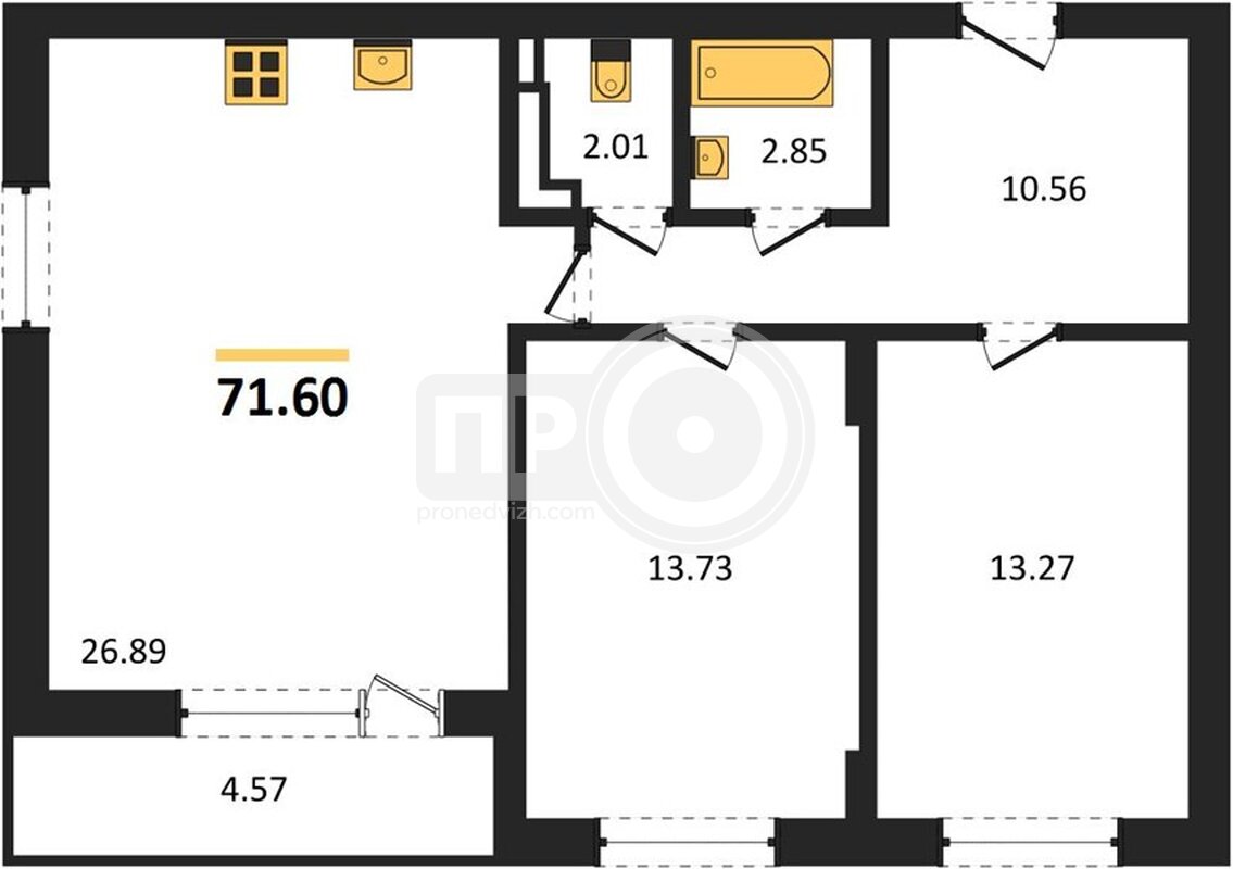 2-комнатная квартира, 71.6кв.м