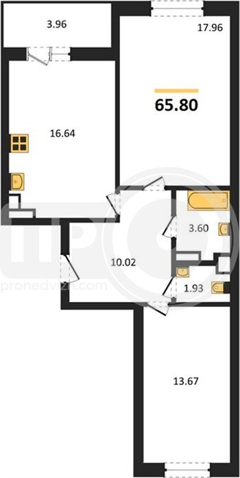 Миниатюра 2-комнатная квартира, 65.8кв.м