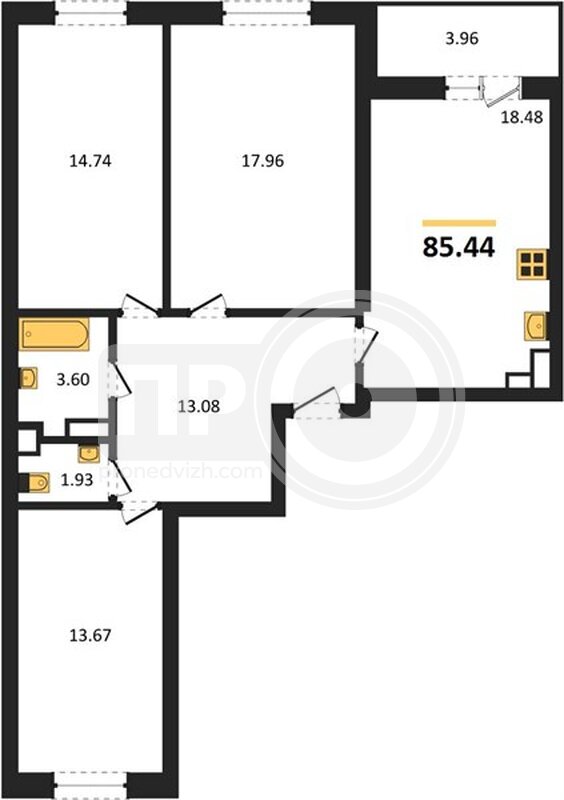 3-комнатная квартира, 85.44кв.м