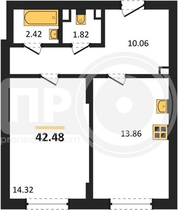 Миниатюра 1-комнатная квартира, 42.46кв.м
