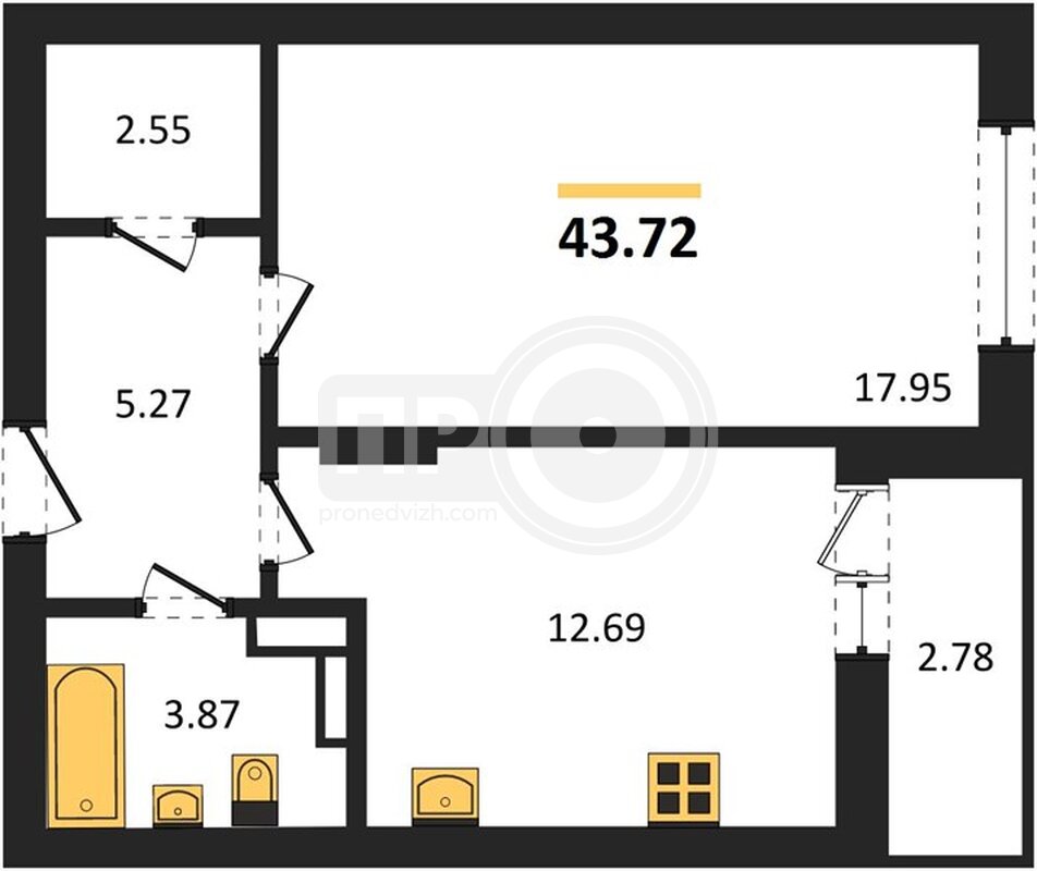 1-комнатная квартира, 43.73кв.м
