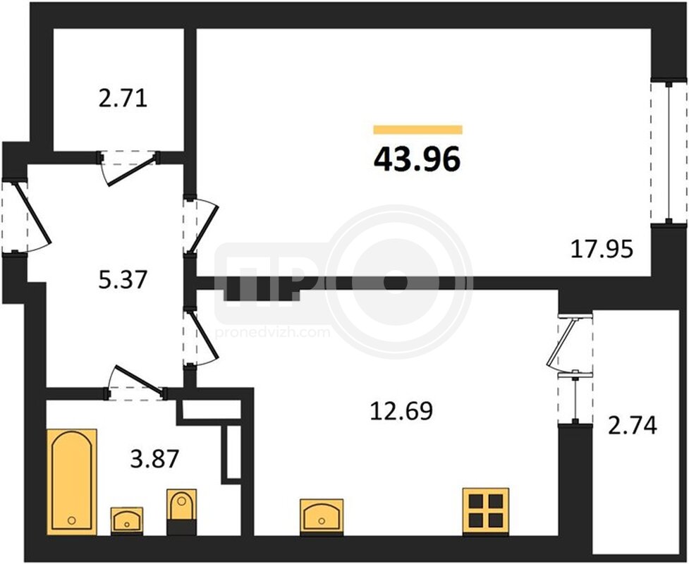 1-комнатная квартира, 43.97кв.м