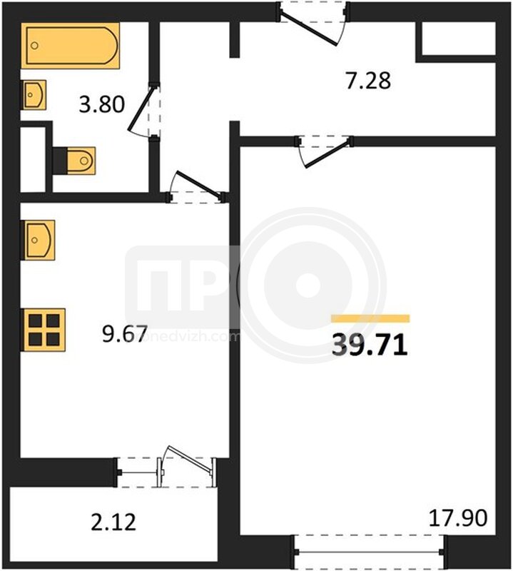 1-комнатная квартира, 38.8кв.м