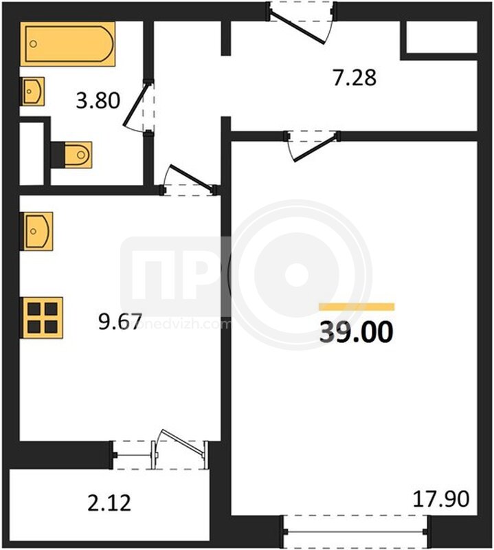 1-комнатная квартира, 38.8кв.м