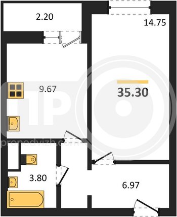 Миниатюра 1-комнатная квартира, 35.5кв.м