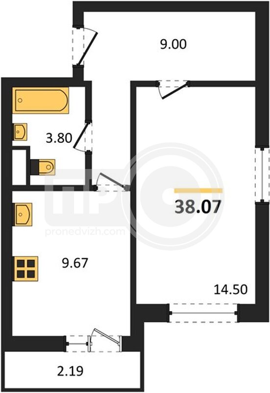 1-комнатная квартира, 37.1кв.м