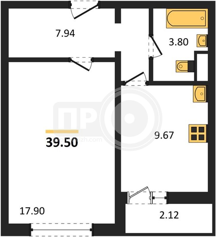1-комнатная квартира, 39.5кв.м