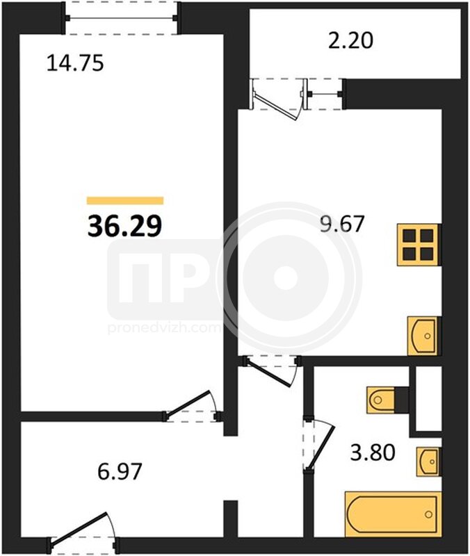 1-комнатная квартира, 35.4кв.м