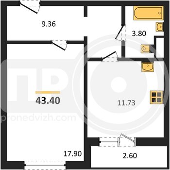 Миниатюра 1-комнатная квартира, 43кв.м