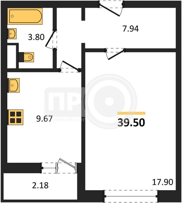 1-комнатная квартира, 39.5кв.м