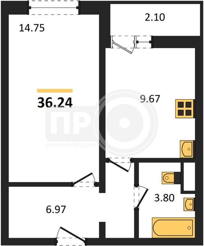 1-комнатная квартира, 35.4кв.м