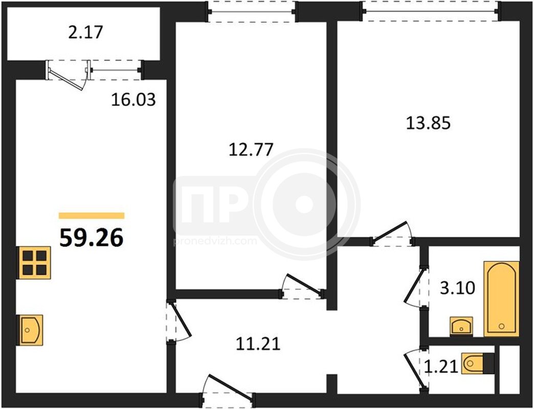 2-комнатная квартира, 59.26кв.м