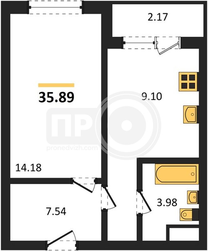 1-комнатная квартира, 35.89кв.м