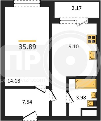Миниатюра 1-комнатная квартира, 35.89кв.м