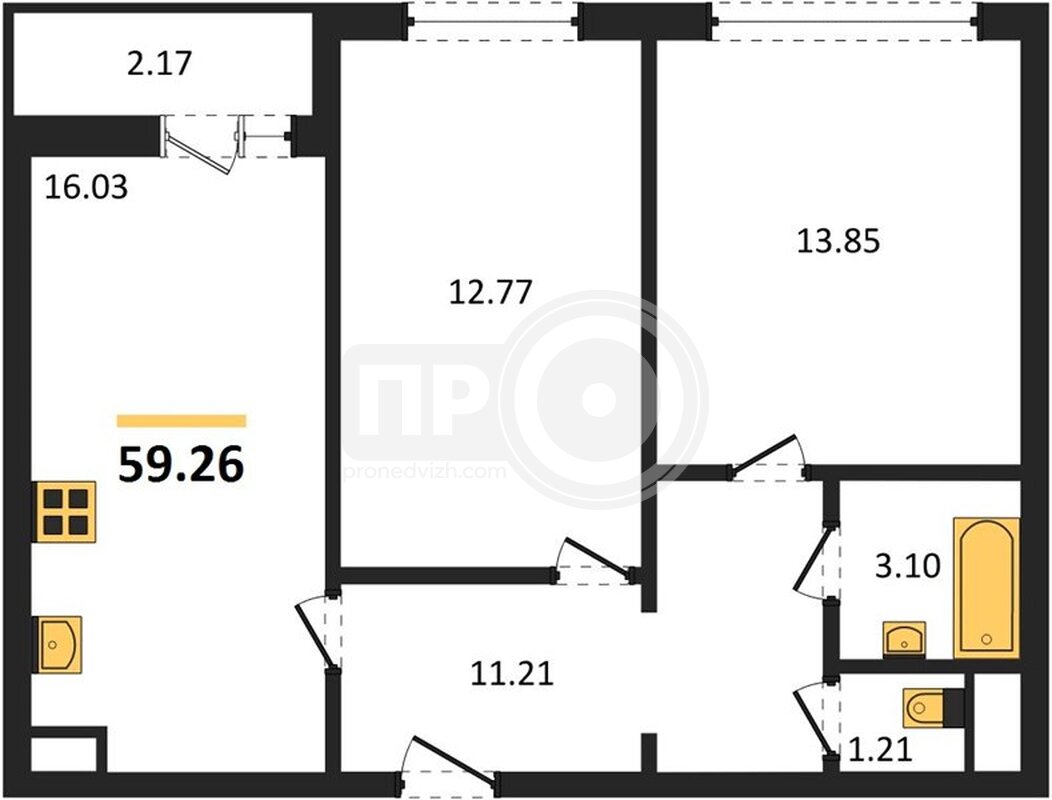 2-комнатная квартира, 59.26кв.м