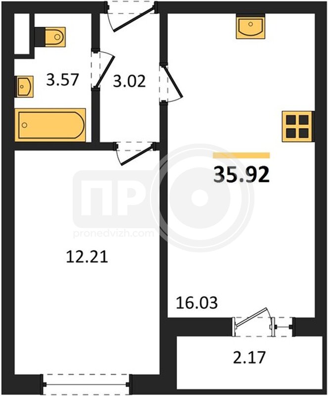 1-комнатная квартира, 35.92кв.м