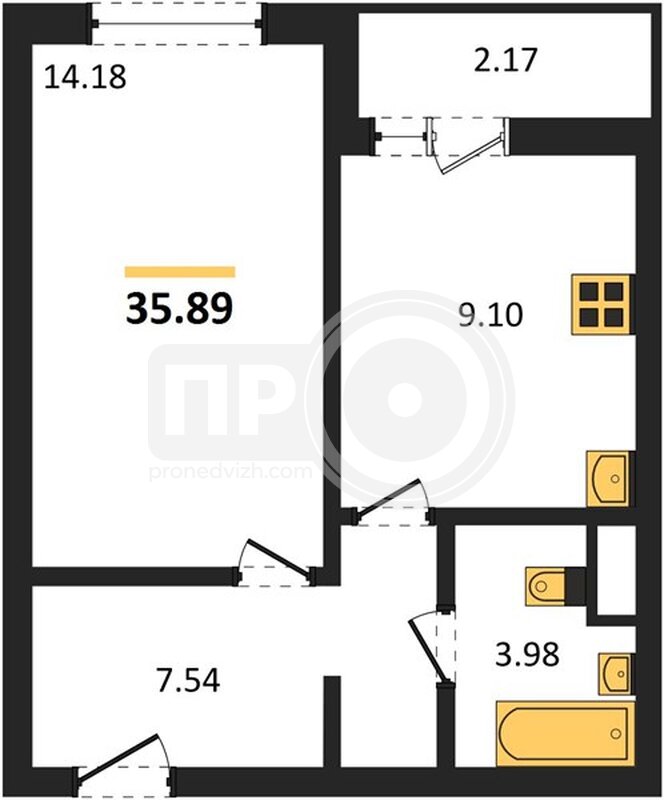 1-комнатная квартира, 35.89кв.м