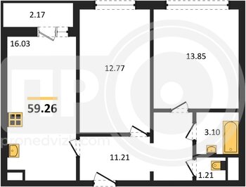Миниатюра 2-комнатная квартира, 59.26кв.м