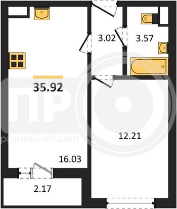 Миниатюра 1-комнатная квартира, 35.92кв.м