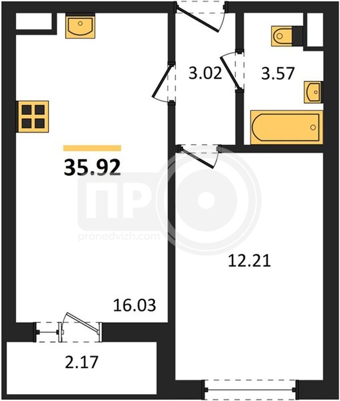 1-комнатная квартира, 35.92кв.м