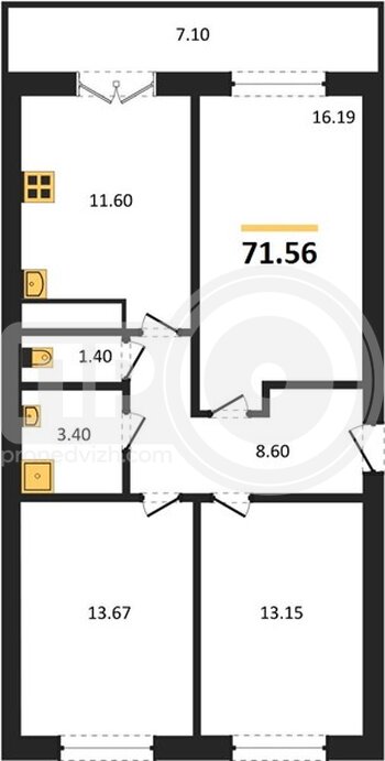 Миниатюра 3-комнатная квартира, 71.56кв.м