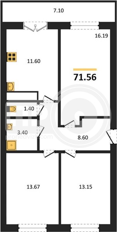3-комнатная квартира, 71.56кв.м