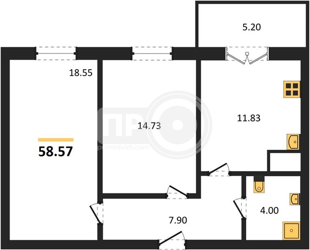 2-комнатная квартира, 58.57кв.м