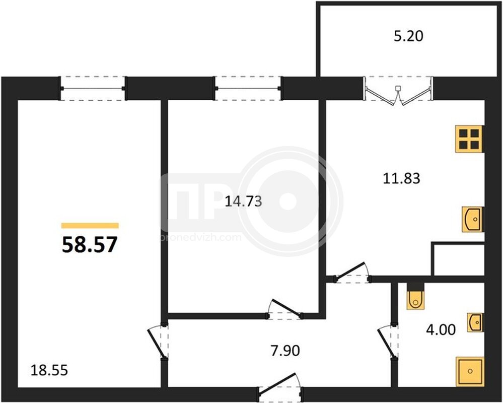 2-комнатная квартира, 58.57кв.м