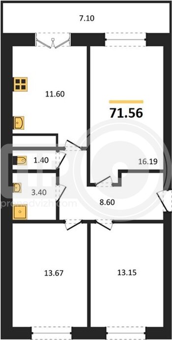 Миниатюра 3-комнатная квартира, 71.56кв.м