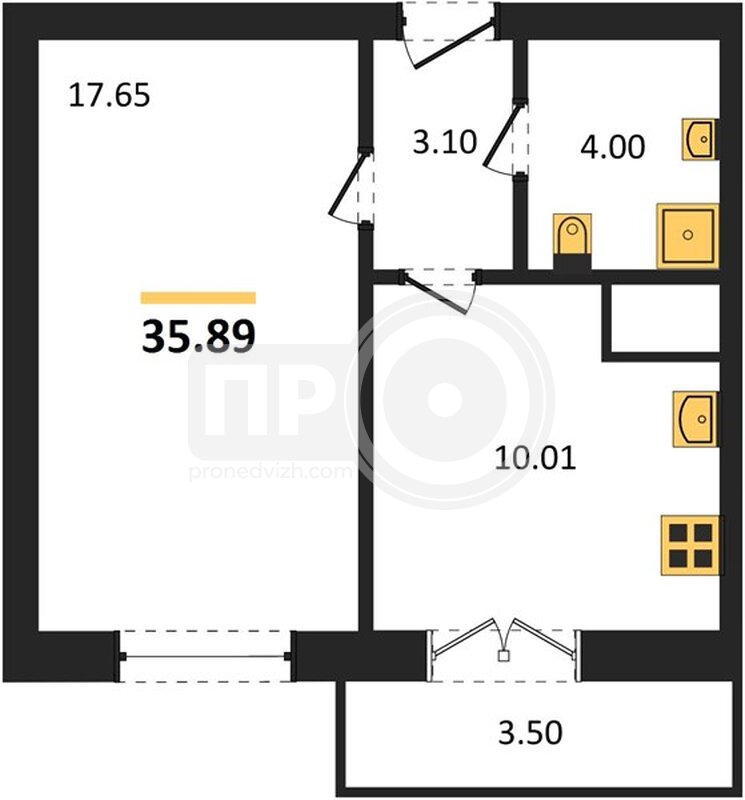 1-комнатная квартира, 35.89кв.м